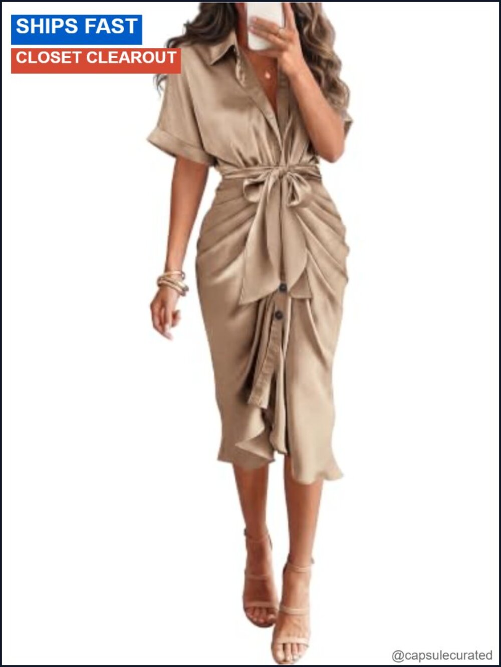 Satin Maxi Dress Short Sleeve Button Down Ruched Tie Waist
